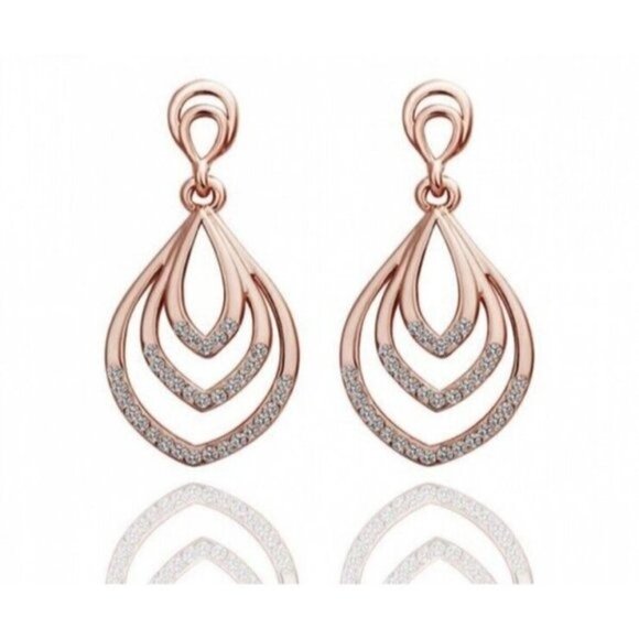Rose Gold Plated Crystals Dangle Teardrop Fashion Earrings - Picture 1 of 3